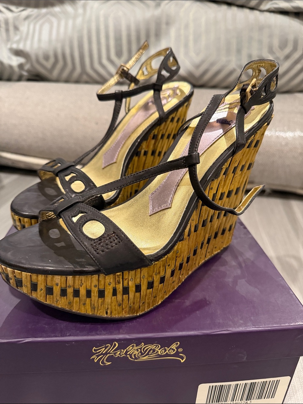 Hale Bob Leather & bamboo Natural Platform Wedge Sandals